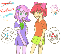 Size: 948x842 | Tagged: safe, artist:lei1996220, apple bloom, scootaloo, sweetie belle, human, g4, clothes, crying, cutie mark crusaders, humanized, miniskirt, pony coloring, scootalove denied, skirt