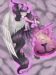 Size: 2121x2827 | Tagged: safe, artist:misukitty, octavia melody, alicorn, semi-anthro, g4, alicornified, arm hooves, bow, bow (instrument), cello, cello bow, clothes, female, flying, large voluminous hair, magic, musical instrument, octacorn, race swap, solo