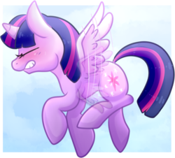 Size: 847x767 | Tagged: safe, artist:soulkillur, twilight sparkle, alicorn, pony, g4, blushing, eyes closed, female, flapping, flying, gritted teeth, mare, raised hoof, shiny, solo, struggling, twilight sparkle (alicorn)