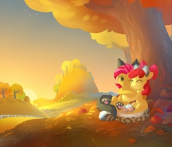 Size: 1200x1024 | Tagged: safe, artist:tomatocoup, apple bloom, babs seed, g4, animal costume, clothes, costume, sunset, tree