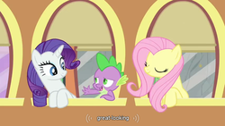 Size: 854x480 | Tagged: safe, screencap, fluttershy, rarity, spike, a canterlot wedding, g4, meme, youtube caption