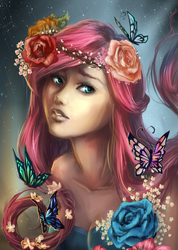 Size: 3234x4544 | Tagged: safe, artist:my-magic-dream, fluttershy, butterfly, human, female, flower, flower in hair, humanized, portrait, realistic, rose, solo