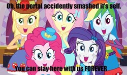 Size: 500x295 | Tagged: safe, edit, edited screencap, screencap, applejack, fluttershy, pinkie pie, rainbow dash, rarity, equestria girls, g4, my little pony equestria girls, bronybait, fall formal outfits, female, humane five, humane five's encounter, image macro, open mouth, open smile, smiling, this is our big night, yandere, yandere pie, yanderebow dash, yanderejack, yandereshy, yanderity