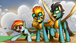 Size: 1920x1080 | Tagged: safe, artist:valcron, rainbow dash, soarin', spitfire, g4, cropped, race, spread wings, wonderbolts, wonderbolts uniform