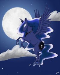 Size: 1024x1273 | Tagged: safe, artist:resarose, princess luna, children of the night, g4, cloud, cloudy, female, flying, moon, night, solo