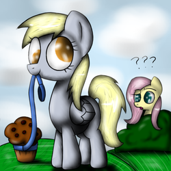 Size: 1000x1000 | Tagged: safe, artist:laffy372, derpy hooves, fluttershy, pegasus, pony, g4, duo, female, leash, mare, muffin, pet