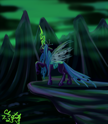 Size: 700x803 | Tagged: safe, artist:makomaragi, queen chrysalis, changeling, changeling queen, g4, crown, female, glowing, glowing horn, horn, jewelry, regalia, solo