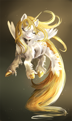 Size: 600x1000 | Tagged: safe, artist:jazzycat, oc, oc only, oc:golden star, alicorn, pony, alicorn oc, cheek fluff, chest fluff, colored horn, ear fluff, eyes closed, female, fluffy, flying, horn, leg fluff, mare, neck fluff, open mouth, shoulder fluff, smiling, solo, spread wings, underhoof, unshorn fetlocks, wing fluff