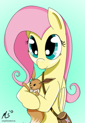 Size: 688x1000 | Tagged: safe, artist:ciscoql, fluttershy, eevee, g4, crossover, pokémon