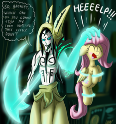 Size: 863x925 | Tagged: safe, artist:ziemniax, fluttershy, pegasus, pony, g4, abuse, blushing, bondage, bound wings, bronybait, damsel in distress, duo, eyes closed, female, flutterbuse, frown, glare, hair grab, head grab, helpless, holding a pony, hood, kidnapped, leg fluff, magic, mare, open mouth, qilby, restrained, scared, scythe, smiling, smirk, speech bubble, tattoo, tied up, tongue out, unsexy bondage, wakfu, weapon, yelling