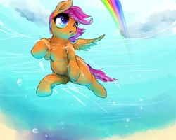 Size: 1280x1024 | Tagged: dead source, safe, artist:nabe, rainbow dash, scootaloo, pegasus, pony, g4, blank flank, cloud, female, filly, foal, looking up, pixiv, rainbow trail, swimming, water