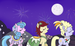 Size: 1950x1200 | Tagged: safe, artist:cwossie, lyrica lilac, royal ribbon, oc, oc:canni soda, g4, clothes, dress, fireworks, gala dress, grand galloping gala, moon, night, scene interpretation