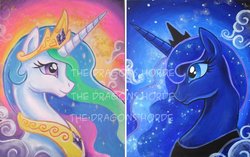 Size: 800x501 | Tagged: safe, artist:dragoncid, princess celestia, princess luna, g4, traditional art