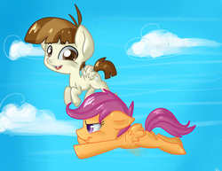 Size: 3850x2975 | Tagged: safe, artist:annakitsun3, featherweight, scootaloo, g4, flying, scootaloo can fly