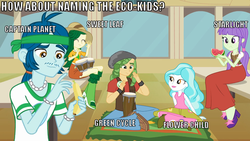Size: 856x483 | Tagged: safe, screencap, captain planet, paisley, sandalwood, starlight, sweet leaf, equestria girls, g4, my little pony equestria girls, background human, female, hippie, image macro, male, naming