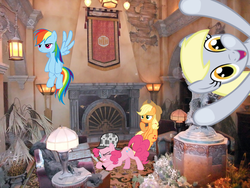 Size: 1024x768 | Tagged: safe, applejack, derpy hooves, pinkie pie, rainbow dash, pegasus, pony, g4, disneyland, female, irl, mare, photo, ponies in real life, the twilight zone tower of terror