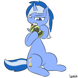 Size: 1000x1000 | Tagged: safe, artist:lamia, minuette, pony, unicorn, g4, female, food, jar, pickle, pickle jar, solo, teeth