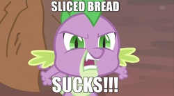 Size: 1536x857 | Tagged: safe, spike, g4, bread, funny, funny as hell, image macro, male, meme, mouthpiece, sliced bread, solo, spike drama, text
