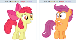 Size: 519x272 | Tagged: safe, apple bloom, scootaloo, g4, exploitable meme, juxtaposition, juxtaposition win, meme