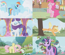 Size: 1706x1440 | Tagged: safe, screencap, applejack, fluttershy, pinkie pie, rainbow dash, rarity, twilight sparkle, earth pony, pegasus, pony, rabbit, unicorn, g4, animal, apple, butt, female, food, intro, mare, mirror, plot