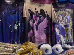 Size: 1024x768 | Tagged: safe, princess luna, rarity, twilight sparkle, alicorn, pony, g4, clothes, female, hat, irl, mare, merchandise, photo, shirt, twilight sparkle (alicorn), welovefine