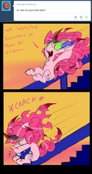 Size: 850x1600 | Tagged: safe, artist:ichibangravity, king sombra, pinkie pie, ask king sombra pie, g4, banister, possession, stairs, tumblr