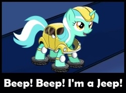 Size: 406x300 | Tagged: safe, artist:ponymaan, edit, lyra heartstrings, g4, beep beep, caption, car, cosplay, cute, female, solo, transformers, volkswagen beetle