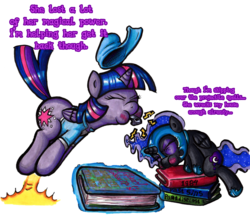 Size: 2061x1798 | Tagged: safe, artist:darkone10, nightmare moon, twilight sparkle, alicorn, pony, g4, 1984, blushing, book, clothes, coach, colonel sassacre's daunting text of magical frivolity and practical japery, cute, eyes closed, female, filly, hat, homestuck, magic, mare, nightmare woon, puffy cheeks, shirt, simple background, transparent background, tumblr:asktwilyandwoon, twilight sparkle (alicorn), whistle