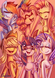 Size: 1280x1810 | Tagged: safe, artist:erovoid, applejack, fluttershy, pinkie pie, rainbow dash, rarity, twilight sparkle, alicorn, pony, g4, female, mane six, mare, twilight sparkle (alicorn)