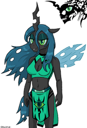 Size: 972x1434 | Tagged: safe, artist:emichaca, queen chrysalis, changeling, changeling queen, anthro, g4, badass, bedroom eyes, female, halter, loincloth, midriff, solo