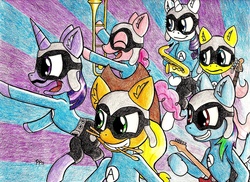 Size: 2303x1674 | Tagged: safe, artist:punk-pegasus, applejack, fluttershy, pinkie pie, rainbow dash, rarity, twilight sparkle, g4, aquabats, crossover, mane six, traditional art