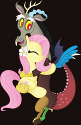 Size: 3001x4634 | Tagged: safe, artist:drawponies, artist:jakage, discord, fluttershy, draconequus, pegasus, pony, g4, black background, cute, duo, female, friendship, hug, male, mare, nose wrinkle, simple background