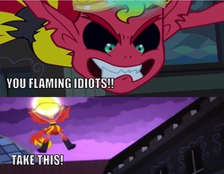 Size: 1278x990 | Tagged: safe, edit, edited screencap, screencap, sunset shimmer, equestria girls, g4, my little pony equestria girls, death ball, dynasty warriors, dynasty warriors 3, female, image macro, meme, solo, sunset satan, text, you flaming idiots!!, zhang bao