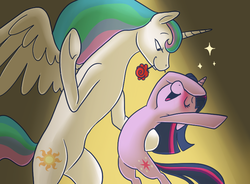 Size: 770x568 | Tagged: safe, artist:pixel-prism, princess celestia, twilight sparkle, pony, twilight sparkle's secret shipfic folder, g4, bedroom eyes, bipedal, blushing, dancing, female, lesbian, rose, ship:twilestia, shipping