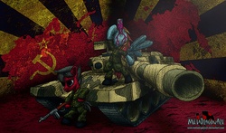 Size: 3370x1983 | Tagged: safe, oc, oc only, oc:red gear, clothes, drunk, soviet, tank (vehicle), uniform, weapon