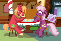 Size: 1168x783 | Tagged: safe, artist:naomiknight17, big macintosh, cheerilee, earth pony, pony, g4, eating, male, ship:cheerimac, shipping, stallion, straight, waffle