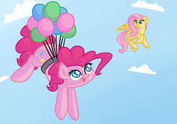 Size: 2000x1400 | Tagged: safe, artist:oblivinite, fluttershy, pinkie pie, g4, balloon, flying, frown, open mouth, raised hoof, smiling, spread wings, then watch her balloons lift her up to the sky