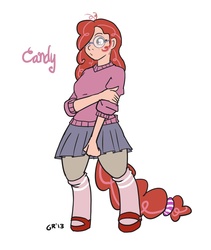 Size: 1200x1423 | Tagged: safe, artist:moronsonofboron, oc, oc only, oc:candy, satyr, clothes, glasses, mary janes, offspring, parent:twist, simple background, skirt, socks, solo, sweater, white background