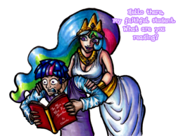 Size: 1252x971 | Tagged: safe, artist:darkone10, princess celestia, twilight sparkle, human, g4, breasts, busty princess celestia, dialogue, dusk shine, female, humanized, rule 63