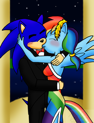 Size: 1268x1652 | Tagged: safe, artist:sonigoku, rainbow dash, anthro, g4, blushing, clothes, crossover, crossover shipping, dress, female, gala dress, kissing, male, sonic the hedgehog, sonic the hedgehog (series), sonicdash, straight, tuxedo