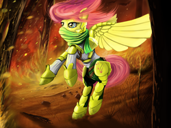 Size: 1600x1200 | Tagged: safe, artist:boomythemc, part of a set, fluttershy, g4, armor, badass, description at source, description is relevant, everfree forest, female, flutterbadass, forest, forest background, forest fire, short hair, solo