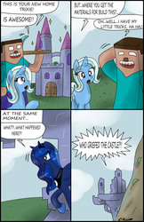 Size: 1988x3070 | Tagged: safe, artist:ciriliko, princess luna, trixie, alicorn, pony, unicorn, g4, castle, comic, creeper, crossover, female, herobrine, horn, male, mare, minecraft, speech bubble, talking, text