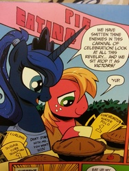 Size: 2448x3264 | Tagged: safe, idw, official comic, big macintosh, princess luna, earth pony, pony, g4, spoiler:comic, spoiler:comic09, clothes, eating contest, magic shirt, male, pie, ponytail, stallion, t-shirt, trophy