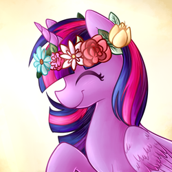 Size: 550x550 | Tagged: safe, artist:littlepinkalpaca, twilight sparkle, alicorn, pony, g4, female, floral head wreath, flower, happy, mare, simple background, solo, twilight sparkle (alicorn)