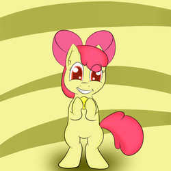 Size: 1000x1000 | Tagged: safe, artist:softkityonfire, apple bloom, earth pony, pony, g4, bipedal, bits, female, grin, looking at you, solo