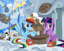 Size: 1250x990 | Tagged: safe, artist:kyle23emma, derpy hooves, rainbow dash, surprise, twilight sparkle, alicorn, pegasus, pony, g4, blushing, cafe, cloudsdale, female, lesbian, mare, ship:twidash, shipping, shopping bag, sitting, spread wings, table, twilight sparkle (alicorn), wingboner, wings