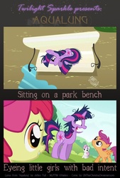 Size: 662x977 | Tagged: safe, artist:catwhitney, edit, edited screencap, screencap, apple bloom, scootaloo, sweetie belle, twilight sparkle, g4, lesson zero, aqualung, bench, jethro tull, lyrics, messy mane, song reference, text, twilight is a foal fiddler, twilight snapple