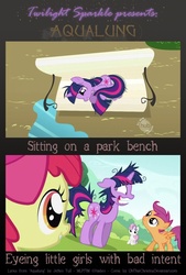 Size: 662x977 | Tagged: safe, artist:catwhitney, edit, edited screencap, screencap, apple bloom, scootaloo, sweetie belle, twilight sparkle, g4, lesson zero, my little pony: friendship is magic, aqualung, bench, jethro tull, lyrics, messy mane, song reference, text, twilight is a foal fiddler, twilight snapple