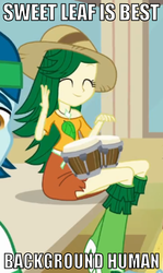 Size: 397x666 | Tagged: safe, edit, edited screencap, screencap, captain planet, sweet leaf, equestria girls, g4, my little pony equestria girls, background human, best human, bongos, cropped, image macro, leafabetes, musical instrument, solo focus