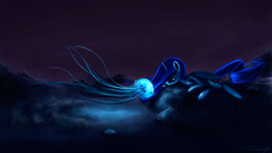 Size: 1800x1013 | Tagged: safe, artist:netkarma, princess luna, jellyfish, g4, animal, dark, glowing, water